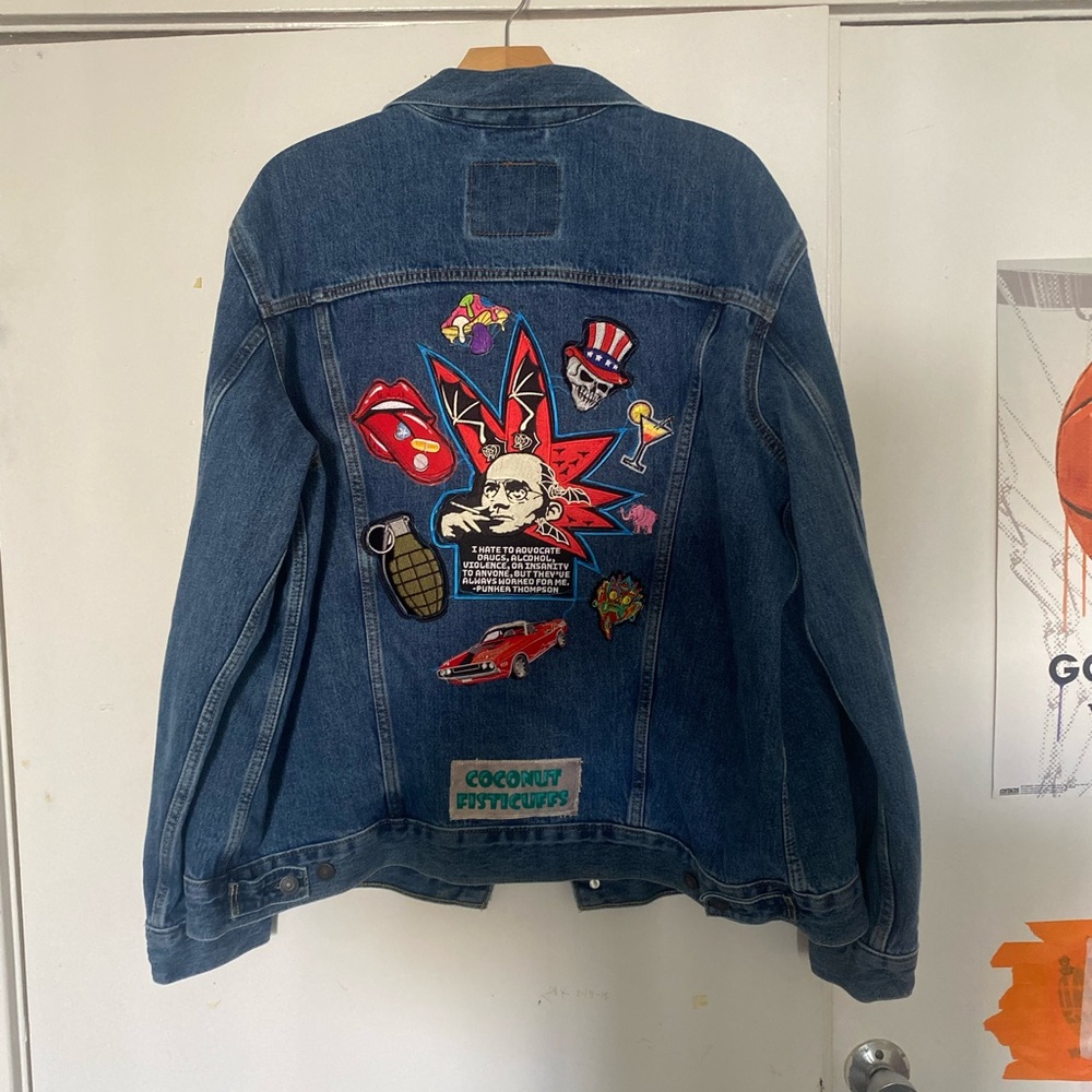 Levi's Blue Denim Jacket with Multicolored Graphic Patch Back